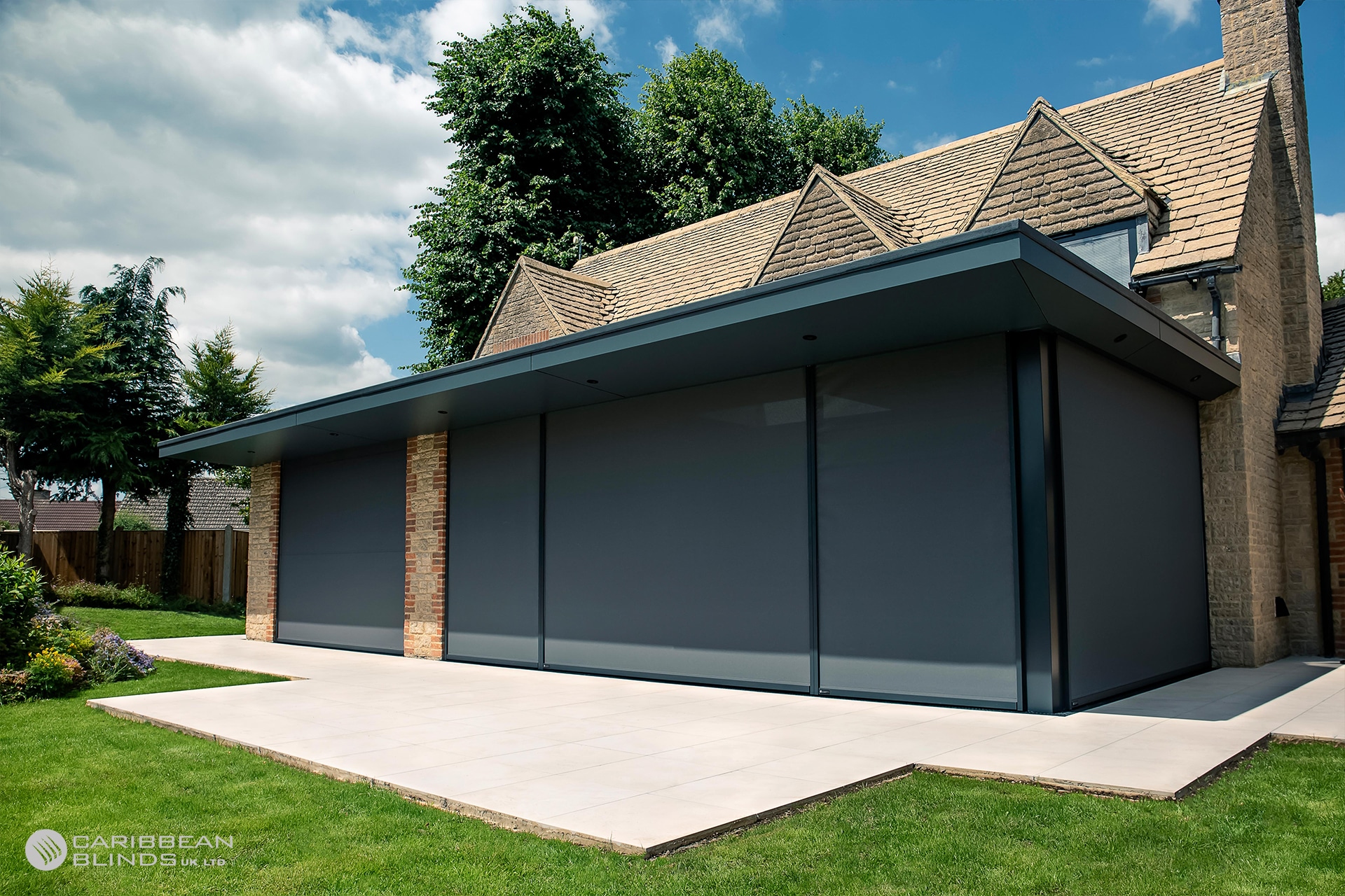Modern awning over a patio area