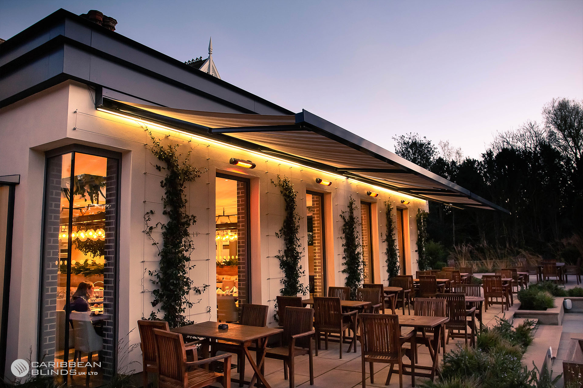 Modern awning over a patio area
